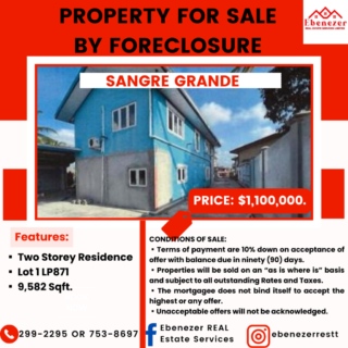Sangre Grande Two Storey Residence for Sale by Foreclosure